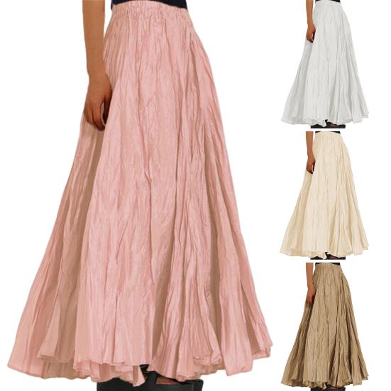 Women Skirt Elastic High Waist Pleated Maxi Skirt Solid Color A-Line Ankle-Length Skirt Large Hem Long Skirt Work Leisure Wear