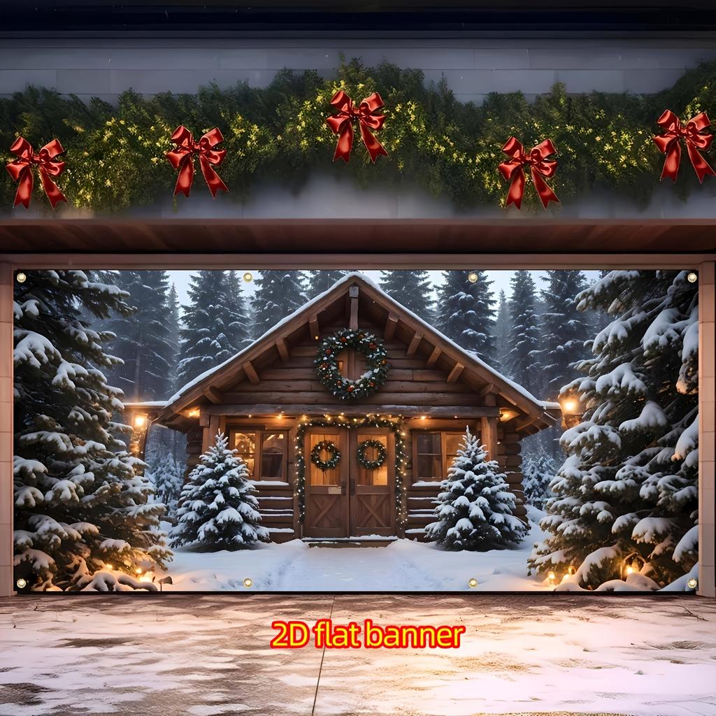 2D flat banner, 1 large Christmas garage background, pine forest cabin shooting background, Christmas tree