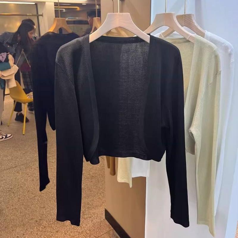 Летний тонкий шелковый вязаный кардиган для женщин, осенний длинный рукав, солнцезащитный кардиган, женская однотонная повседневная шаль, женский трикотаж, топы 24610