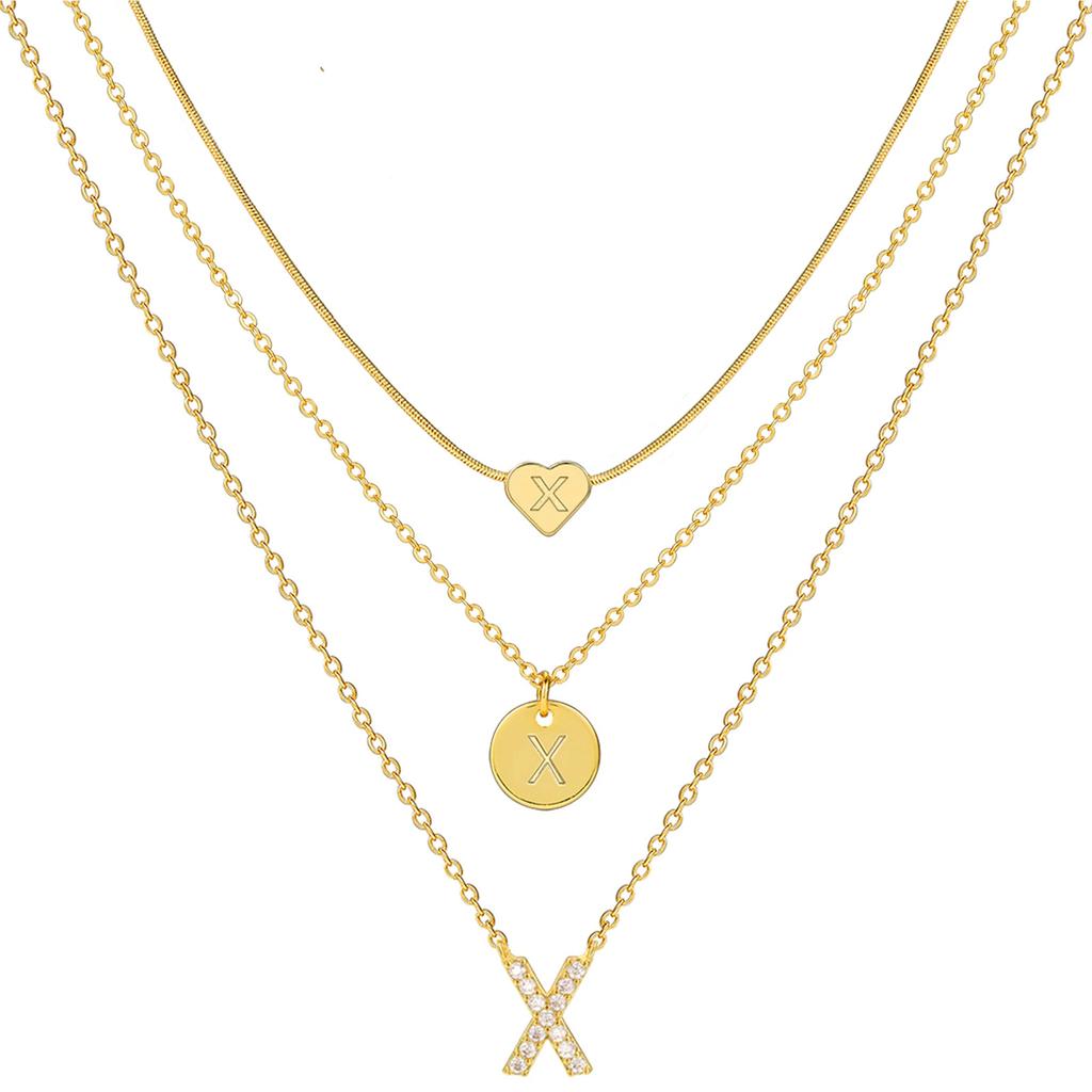 17KM 3 Pcs Plated Heart Initial Necklace Sets for Women Fashion Multilayer Letter Choker Necklaces Copper Metal Jewelry Gift