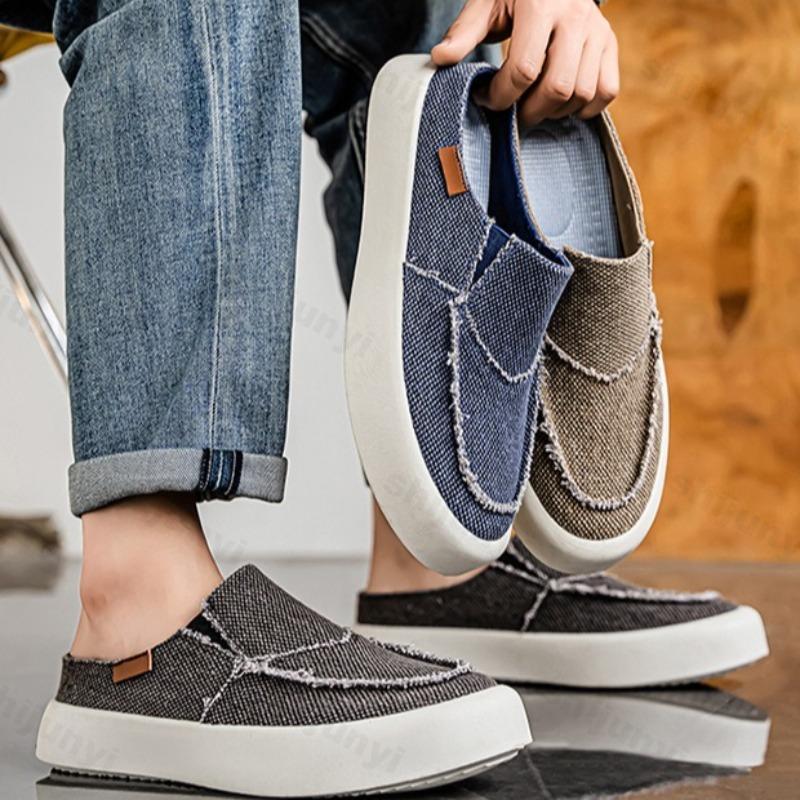 Модные мужские нишевые модные повседневные парусиновые полушлепанцы на толстой подошве 2025 Осень низкий верх удобные универсальные нескользящие массивные шлепанцы