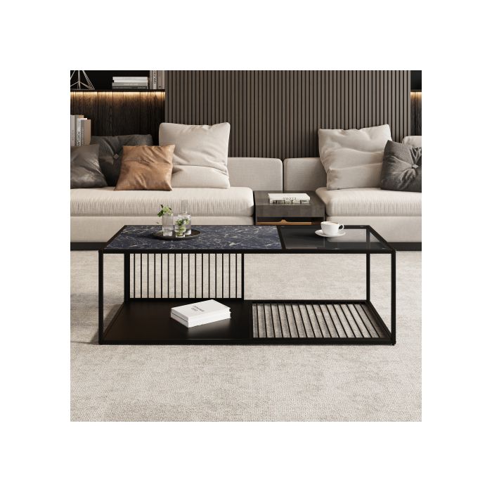 Table basse - MUVOE - Fer forgé - Verre trempé - Rangement intégré - Design contemporain