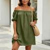 New Summer Women's Off-shoulder Loose Solid Color Linen Cotton Dress, Casual Fashion Elegant European American Style