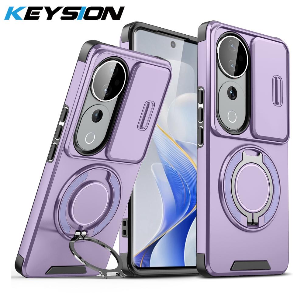 KEYSION 360°Rotating Ring Stand Phone Case for VIVO V40 Pro 5G Slide Camera Protection Magnetic Shockproof Cover for VIVO V40 5G