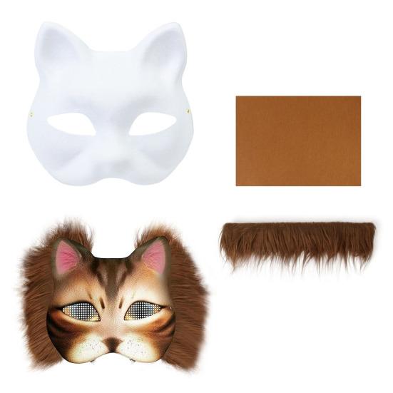 Cat Masque DIY Set White Paper Cat Masque with Eye Mesh Faux Fur Unfinished Cat Masque for Kids Adults DIY Painting