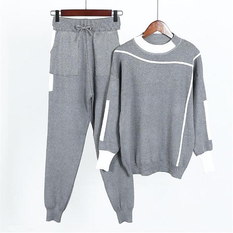 Knitted Casual Tracksuit Pant Suits Fashion Elegant 2 Piece Women Pullover Sweater Trousers Set