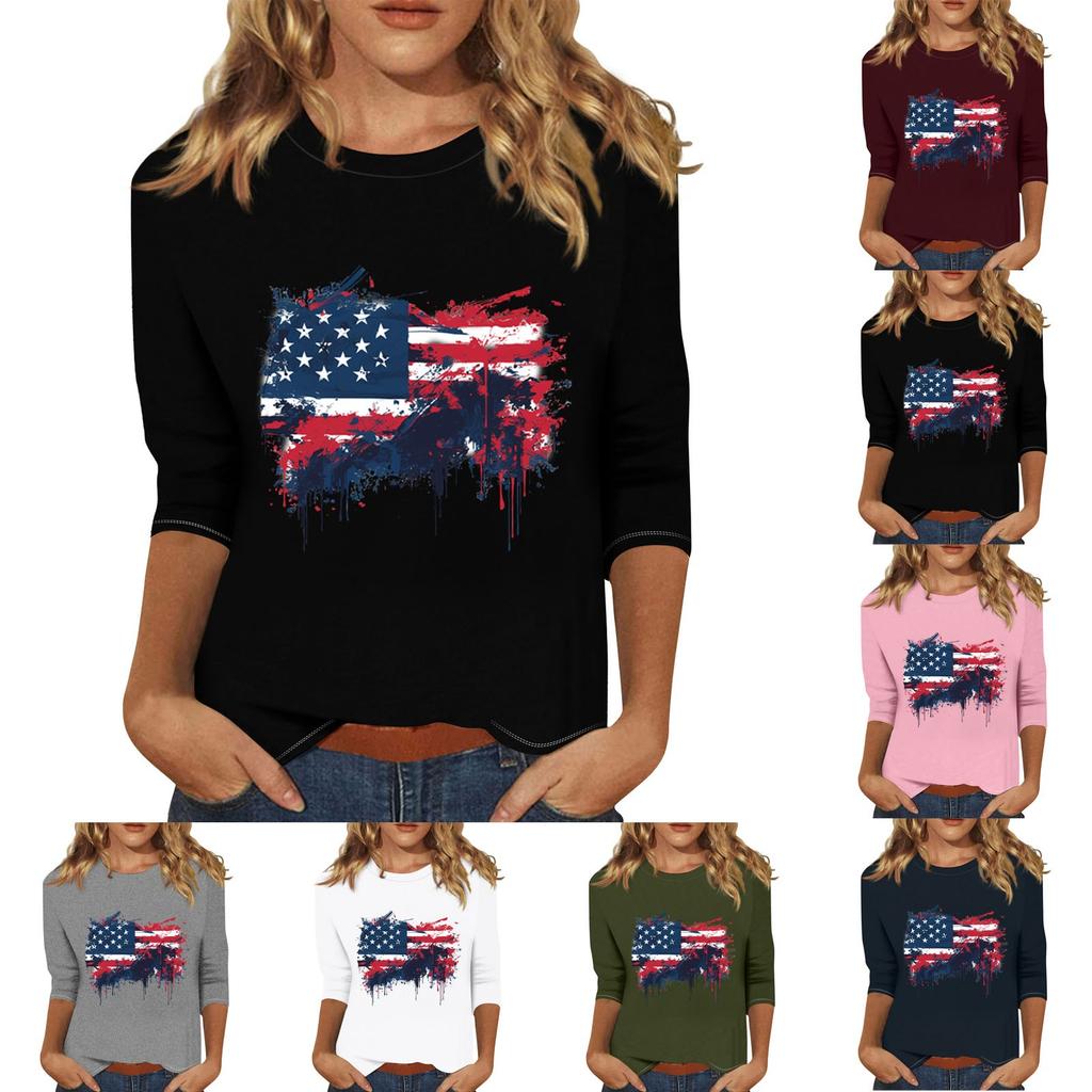 Women's Print Round Neck Top With Three Quarter Sleeves T-Shirt Three Quarter Sleeves T-Shirt