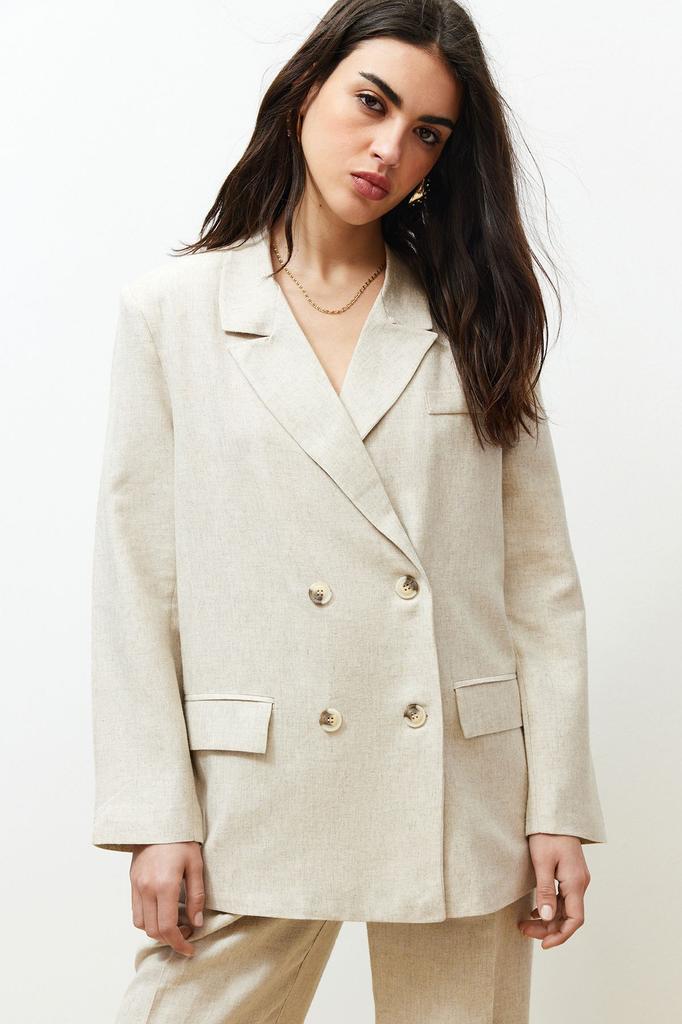 Женская мода бежевый двубортный пиджак из хлопка и льна с застежкой
