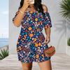 Women Plus Size Off Shoulder Short Sleeve Sunflower Printed Black Loose Romper With Side Pockets