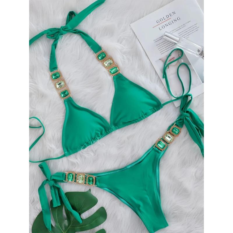 Сексуальный комплект бикини со стразами Женский 2025 Роскошный розовый с кристаллами и бриллиантами Пуш-ап Бандажный купальник стринги Пляжный купальник Купальник