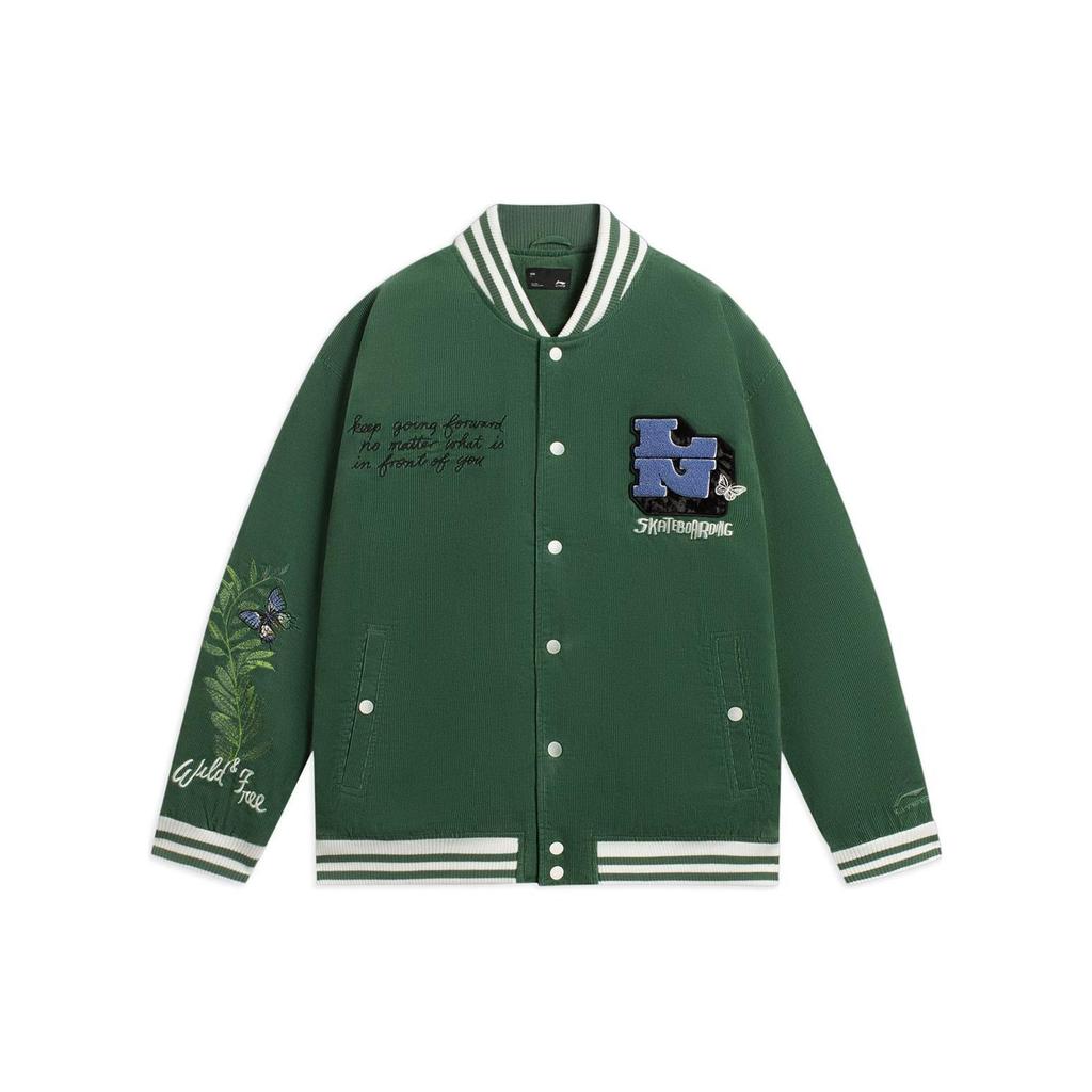 Li Ning Skateboard Series Letter Pattern Embroidered Single-Breasted Long Sleeve Baseball Jacket Men Jackets Light-Green AJMR121-3