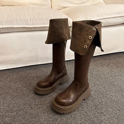 Модные зимние новинки 2024 года, горячая распродажа, модные женские сапоги длиной до колена, однотонные туфли с круглым носком для женщин Botines De Mujer