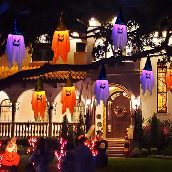 Halloween Light-up Ghost Decoration Spooky LED Witch Hat Ghost Lamp Indoor Outdoor Garden Porch Yard