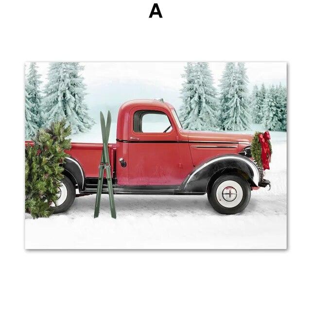 Рождественская елка, винтажный автомобиль, красный свет, украшение для гостиной, плакаты и принты, настенная живопись на холсте, настенные картины, домашний декор без рамки