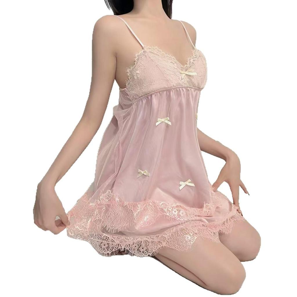 Ruotang Princess Style Pink Mesh Cami Nightgown with Chest Pad - Sweet & Sexy Summer Homewear for Women