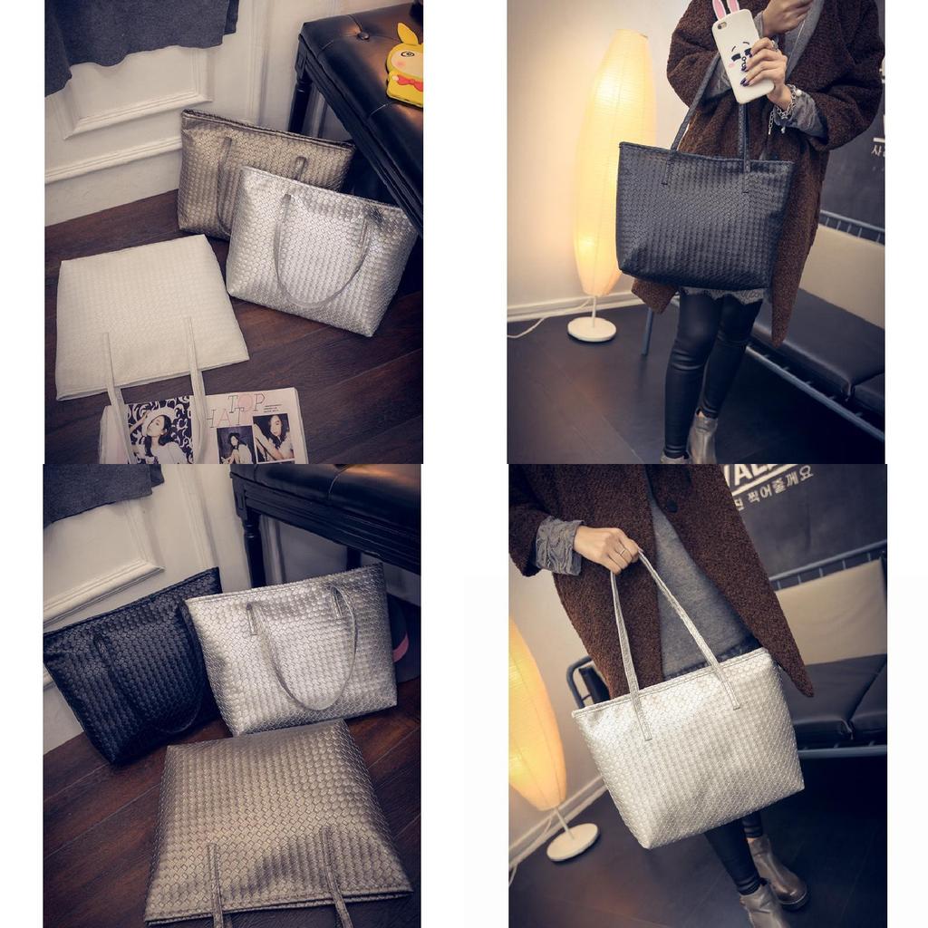 Stylish Large Capacity Pu Tote Bag For Women Retro Casual Woven Shoulder Handbag