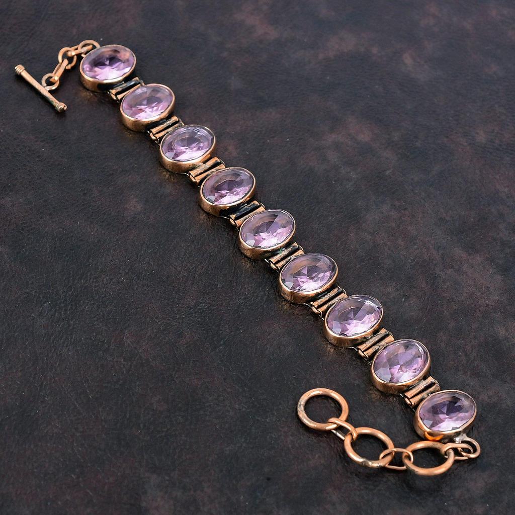Граненый браслет из розового кунцита Медный браслет Регулируемый браслет-цепочка Браслет из натурального камня ручной работы Кунцит Медные украшения Подарок для него