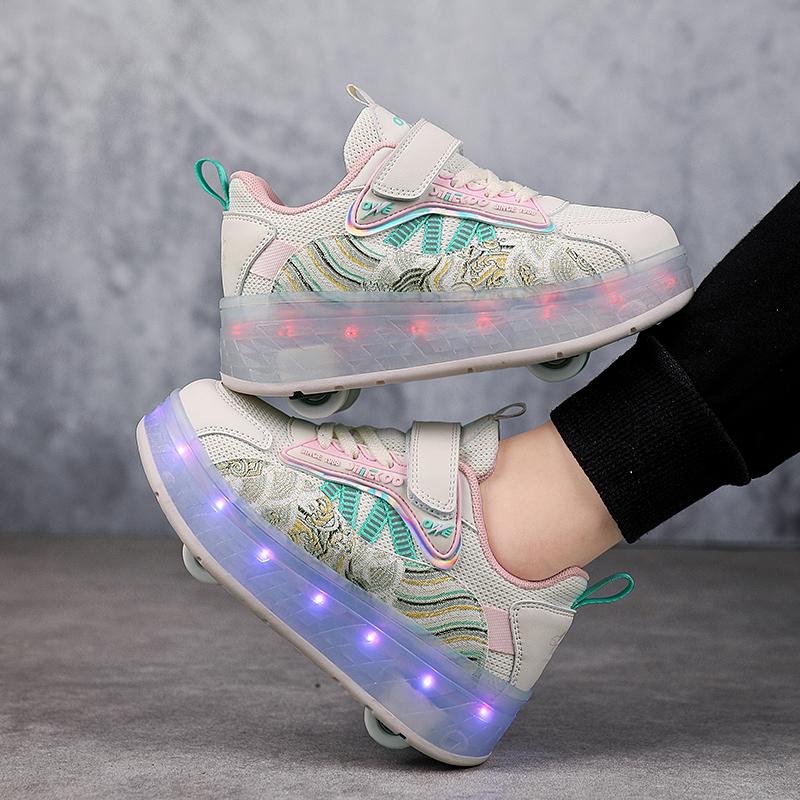 TUINANLE Четырехколесные роликовые туфли для мальчиков и девочек, прогулочная обувь, которая может ходить, скользить и уменьшаться, мигающие огни для школьников