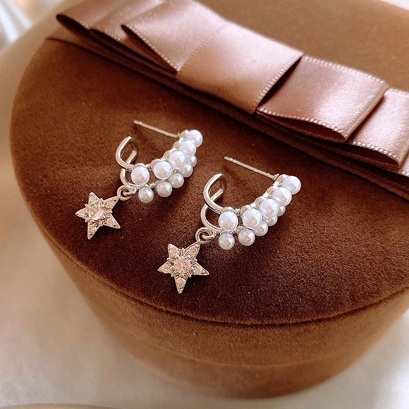 Silver needle zircon pearl U-shaped earrings light luxury Korean pentagram earrings high-end light luxury design earrings women