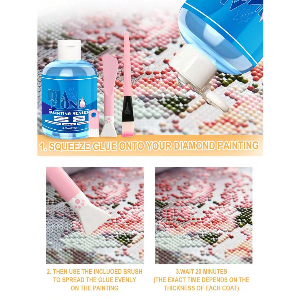 Набор для создания алмазной живописи 120 мл с 3 кисточками, клей для пазлов Diamond Art Sealer, аксессуары и инструменты для алмазной живописи для взрослых (4 унции)