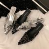 Pointed High Heels Women's Summer Sequins Pointed Stiletto One Pedal Bag Head Half Slippers