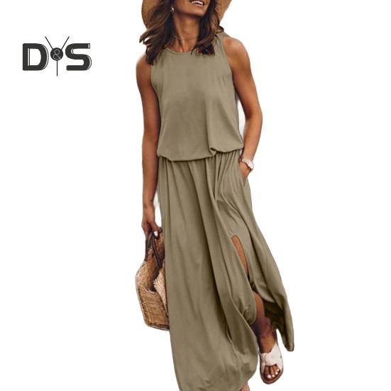 Женское летнее платье с плиссировкой, круглым вырезом, без рукавов, однотонное, свободное, с разрезом, макси-платье, повседневная одежда для свиданий, вечеринок, длинное платье