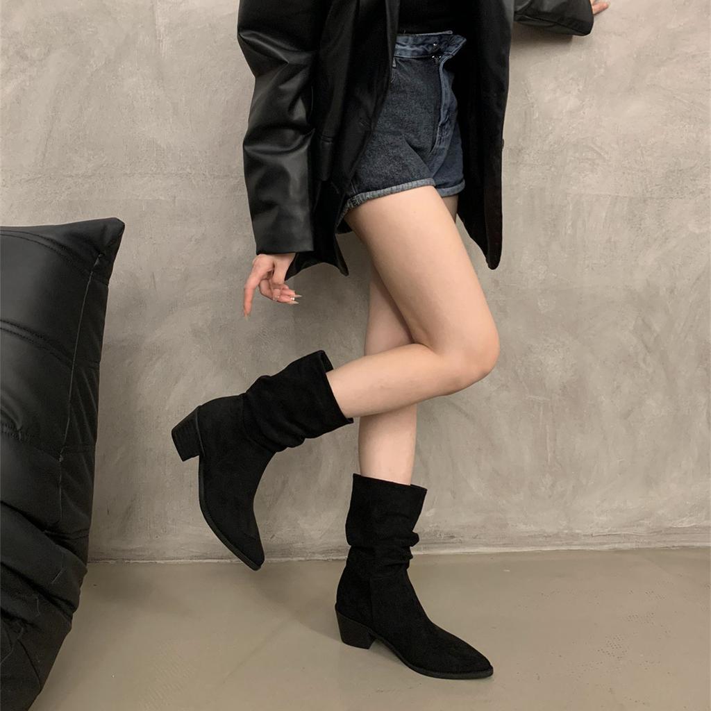 Французские замшевые коричневые тонкие короткие сапоги на высоком каблуке, женская обувь, новинка 2024 года, одинарные сапоги, наборные сапоги