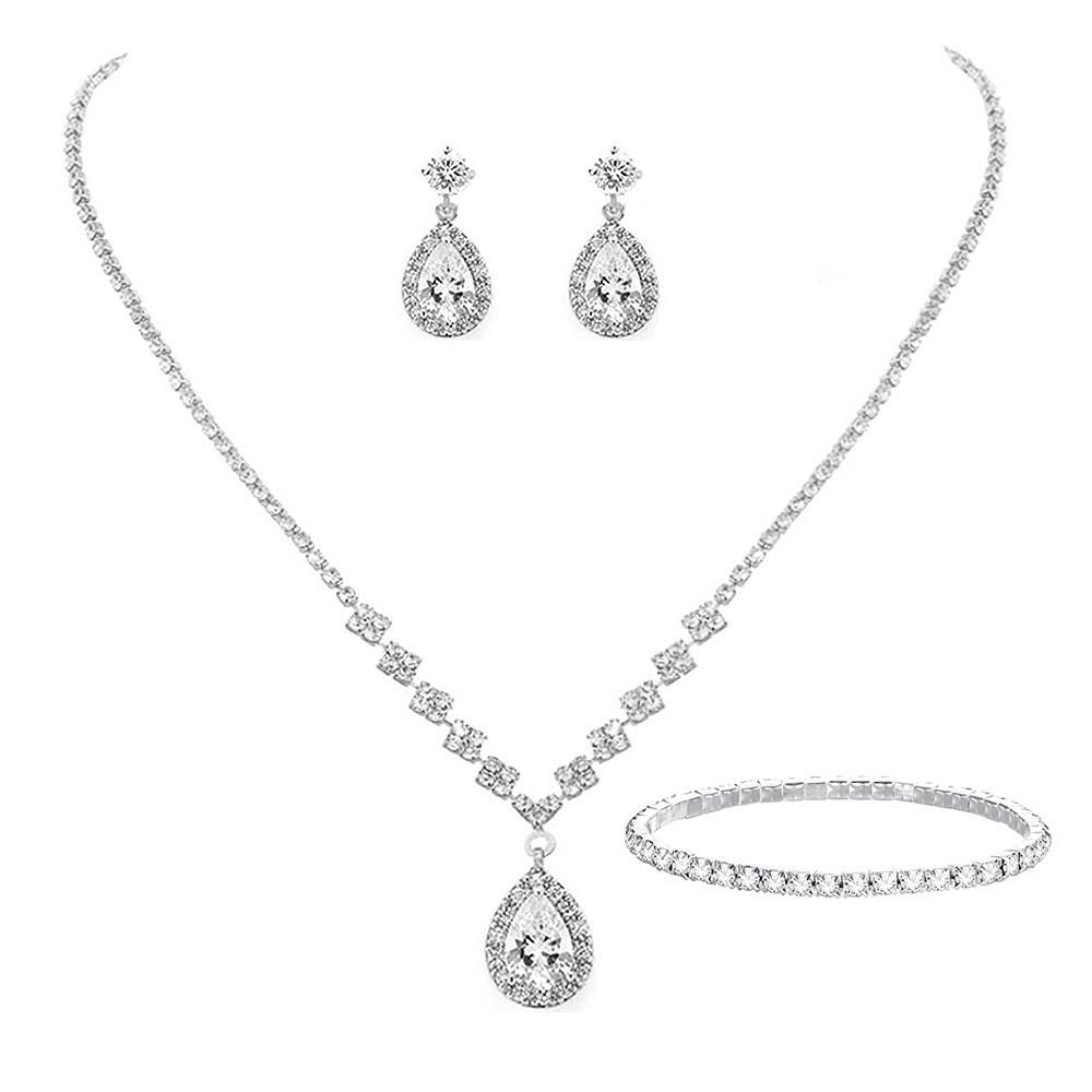 Bridal Party Jewelry Set With Zircon Water Drop Necklace Earrings And Bracelet For Weddings