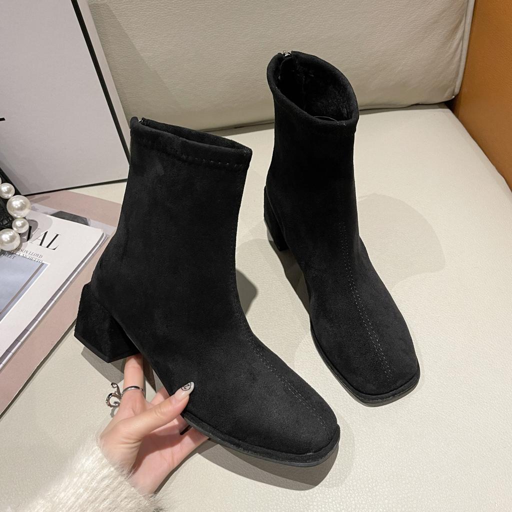 Модные замшевые короткие сапоги с квадратным носком, женские, осенне-зимние, эластичные, с толстым каблуком, на молнии сзади, ботильоны, модные, серые, черные, Botas De Mujer