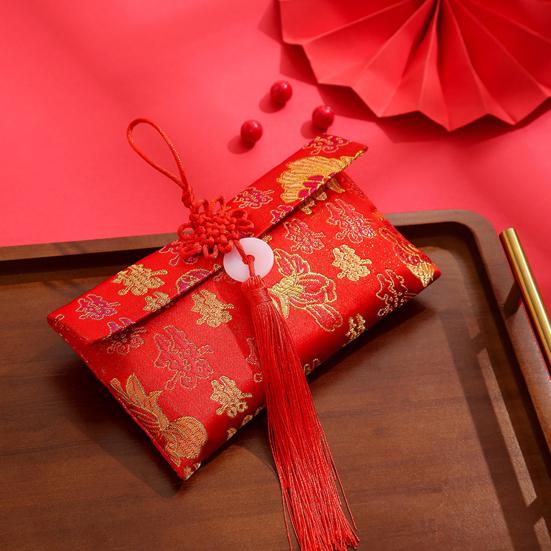 Chinese New Year Red Cash Envelope Faux Silk Red Pocket Embroidery Dragon Pattern Tassel Money Holder Cash Coin Gift Lucky Money Envelope Happy