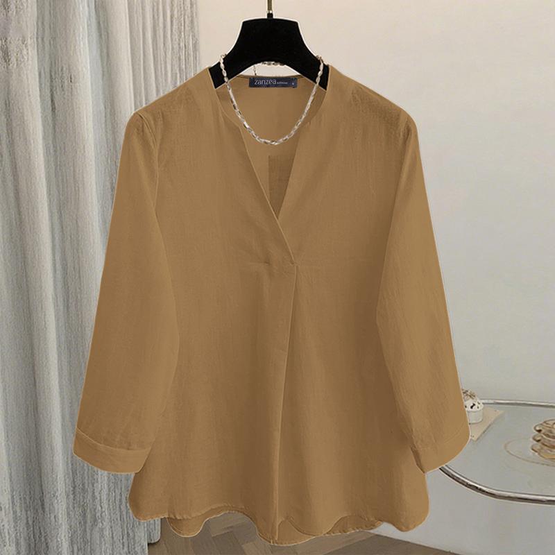 ZANZEA Women Casual V-Neck Solid Color Loose 3/4 Sleeve Cotton Blouse