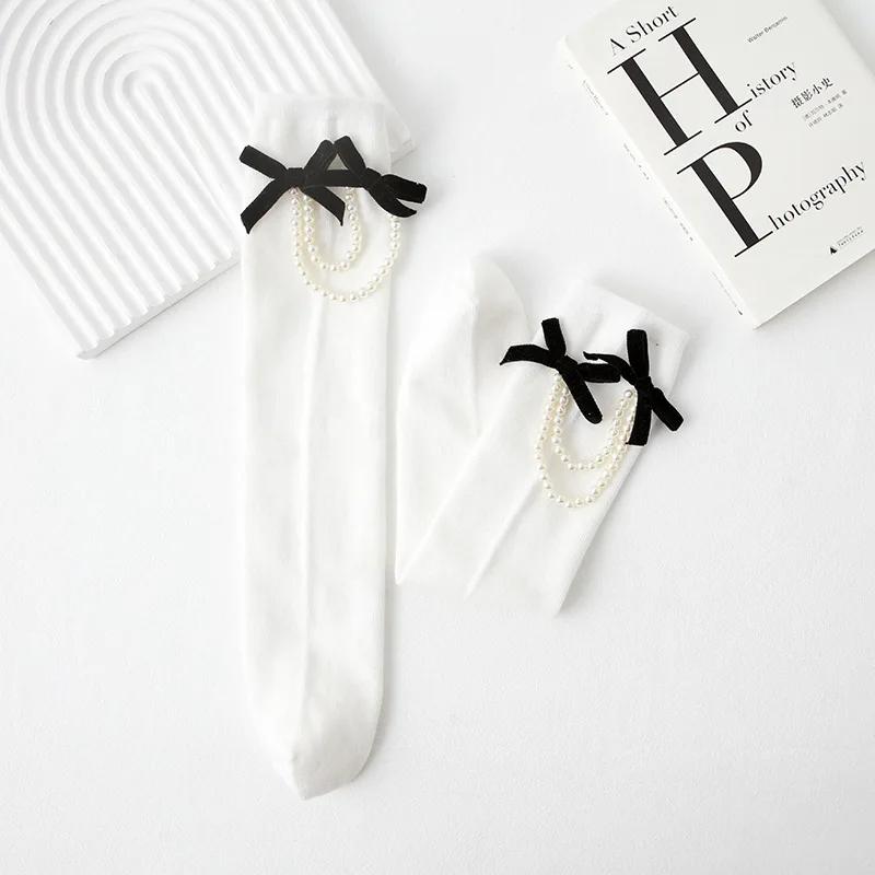 Элегантные гольфы для девочек-принцесс, простые, черного, белого цвета, с перламутровым бантом, детские носки для теленка, мягкие, хлопковые, школьные, ворсистые носки