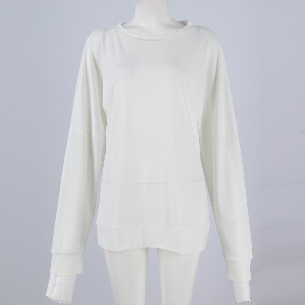 Женская мода однотонный нитка длинный рукав свободный круглый вырез пуловер топ