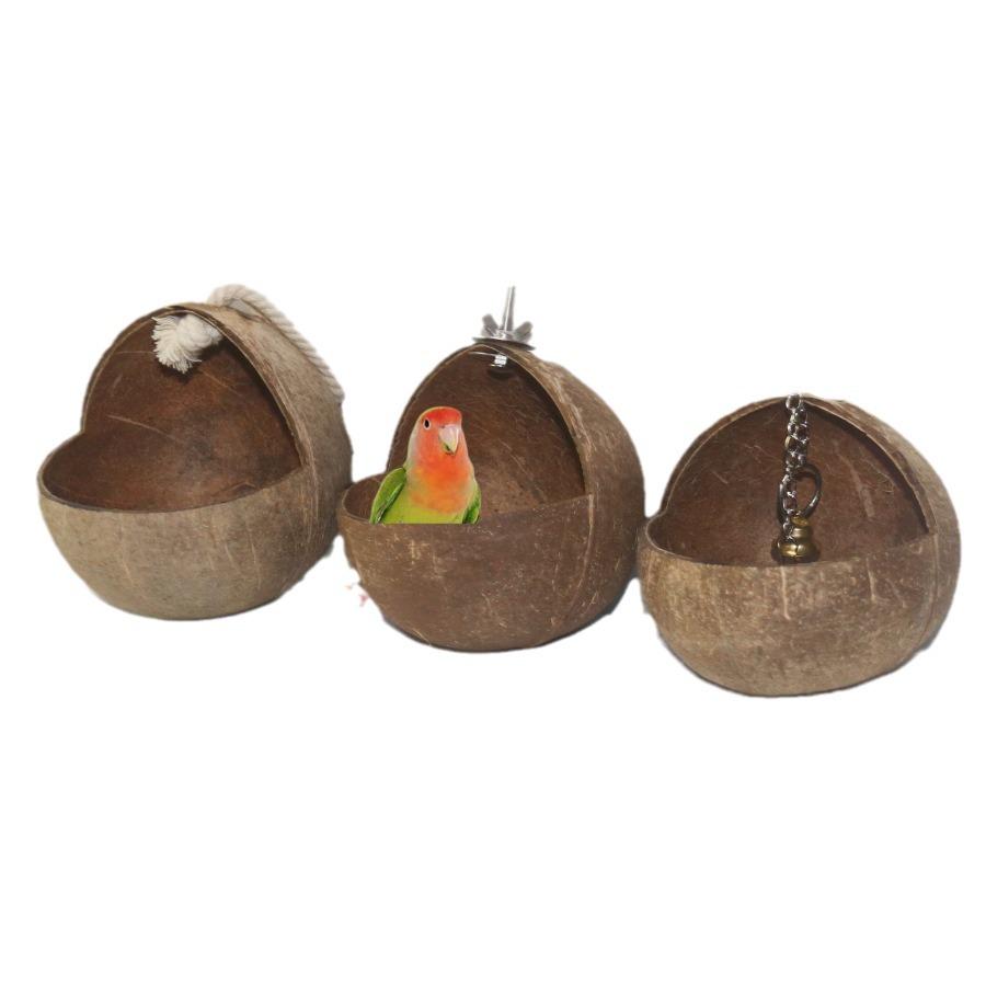 Natural Coconut Shell Parrot Nest & Swing Toy - Warm Tiger Skin Design