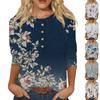 Women's Fashion Casual 3/4 Sleeve Floral Button Printed Round Neck Pullover Top Casual Clothing
