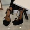 Sexy Black High Heels Platform Sandals For Women Fashion Thick Bottom Square Toe Crystal Buckle Ladies Party Banquet Shoes