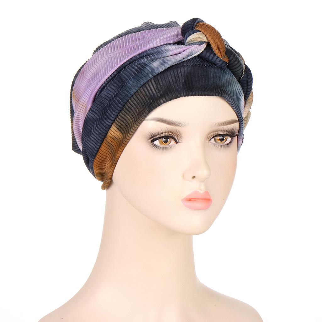 8 Colors New Fashion Braid Tie Dyed Multicolor Soft Muslim Hijab Turban Hat