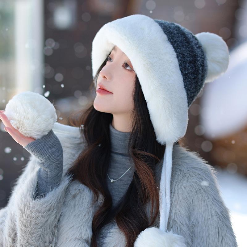 Зимняя плюшевая утолщенная плюшевая защитная шерстяная шапка, милая большая окружность головы, теплая вязаная шапка