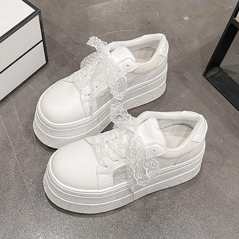 Fashion 7.5CM High Platform White Shoes Women New 2025 Summer Breathable Lace Mesh Chunky Sneakers Designer Thick Sole Sports Shoes