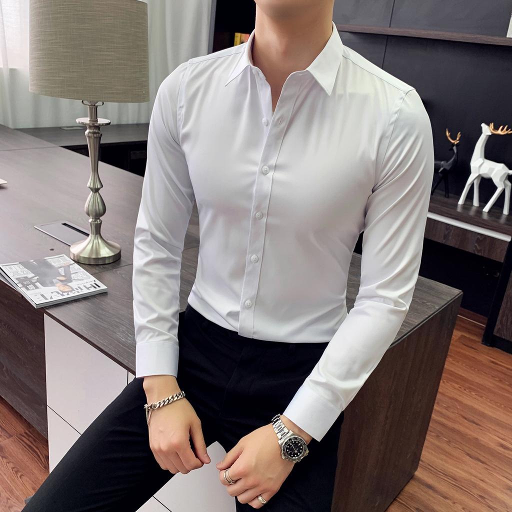 Men's Spring Long Sleeved Casual Fashion Slim Fit Bottom Shirt