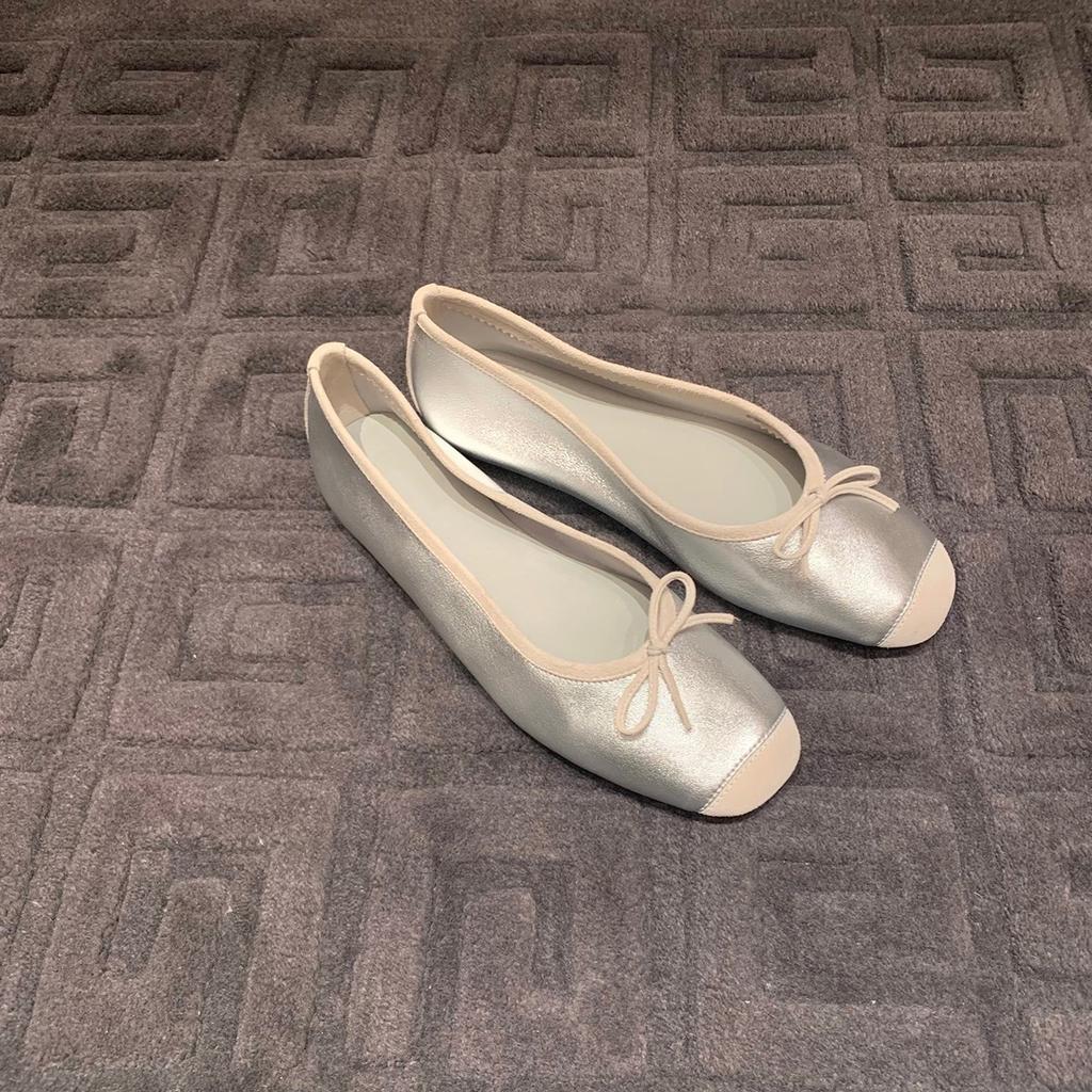 Silk _ Lambskin French Square Head Bow Flat Bottom One Pedal Showing Feet Small Shallow Mouth Ballet Shoes Single Shoes Women