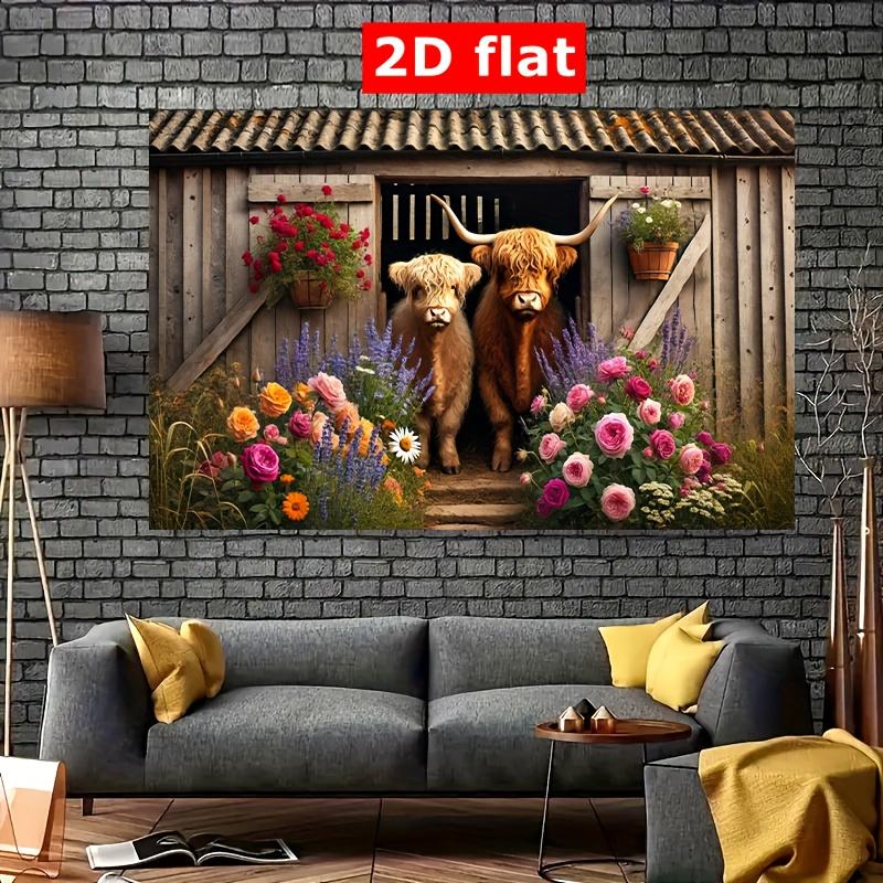 2D flat design 1-piece farm-themed Scottish and Highland cattle flower field party set suitable for garden parties