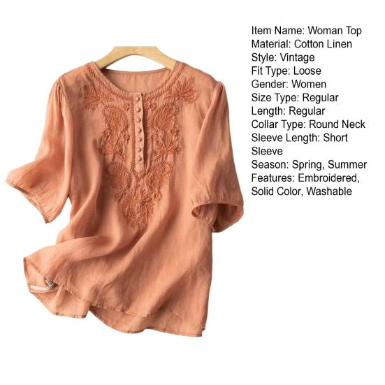 Женский топ с вышивкой и круглым вырезом Элегантный короткий рукав из хлопка и льна с винтажной вышивкой