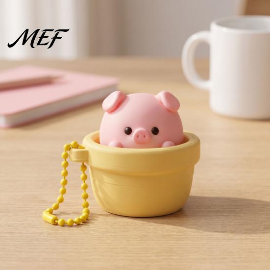 Handheld Sensory Gadget Potted Pig Clicker Toy with Bead Chain, Clicky Button Fidget for Stress Relief, Finger Backpacks School Bags Decor Keychain