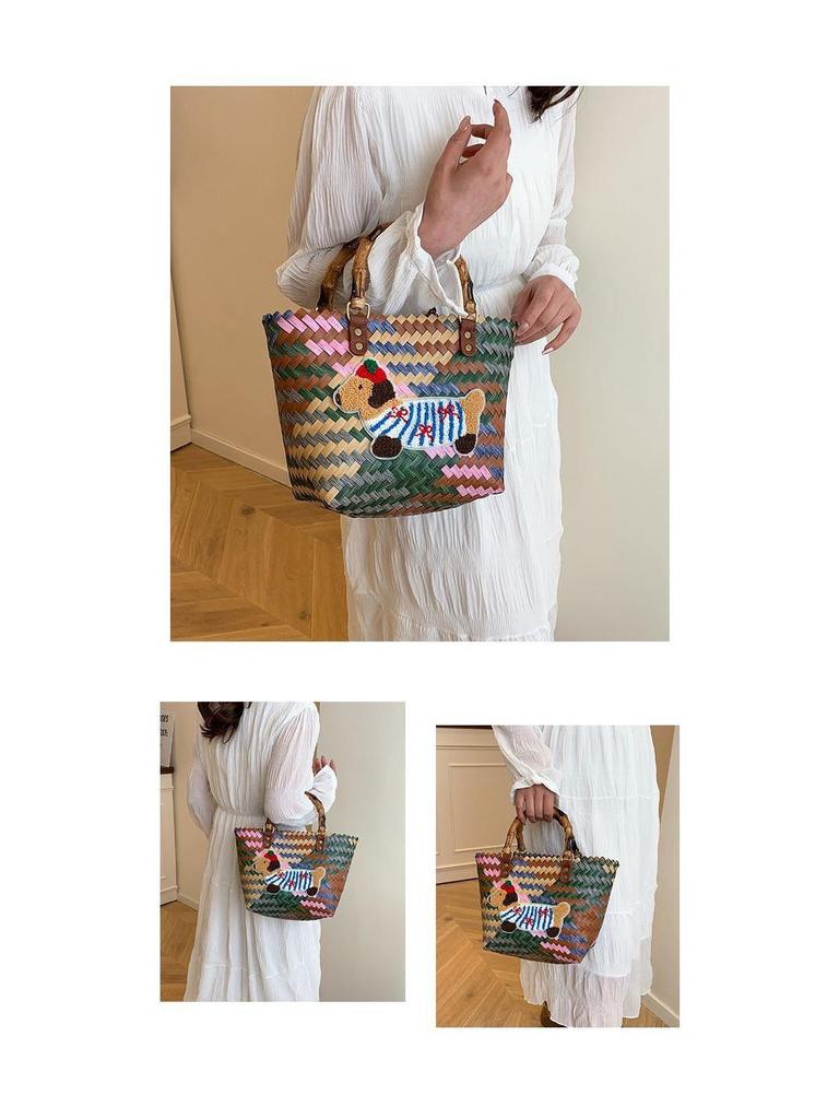 Плетеная сумка-тоут для щенка таксы с бамбуковой ручкой, винтажная пляжная сумка
