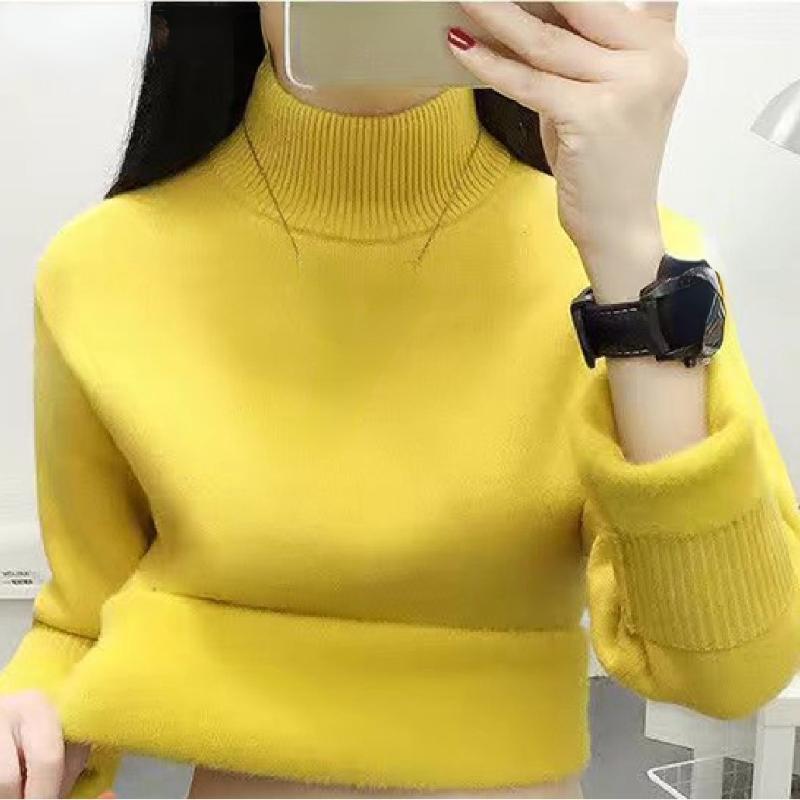 Корейский теплый свитер, пуловер, женский зимний тонкий утепленный плюшевый трикотаж на бархатной подкладке, джемпер, полуводолазка, поляры, мягкие вязаные топы