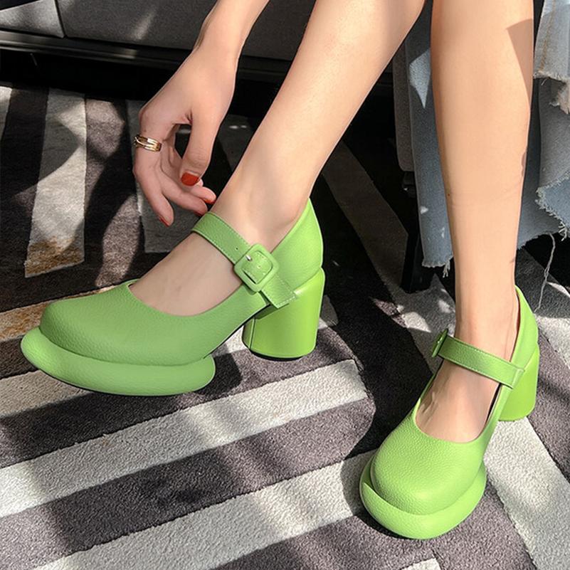 Женские туфли-лодочки из искусственной кожи на массивном каблуке с круглым носком Мэри Джейн с пряжкой, милая вечерняя весенне-осенняя обувь, черный, белый, желтый, зеленый