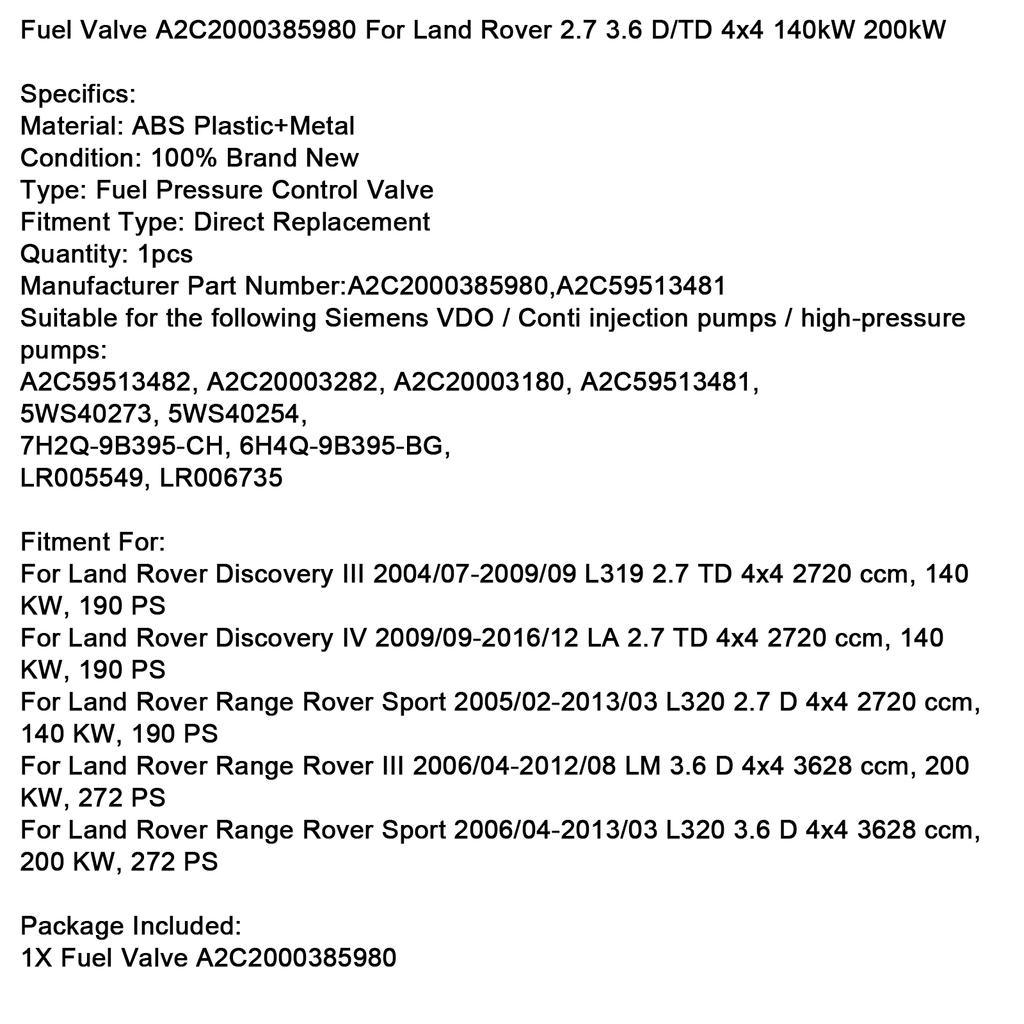 Fuel Pressure Control Valve A2C2000385980 For Land Rover 2.7 3.6 D/TD 140 200kW