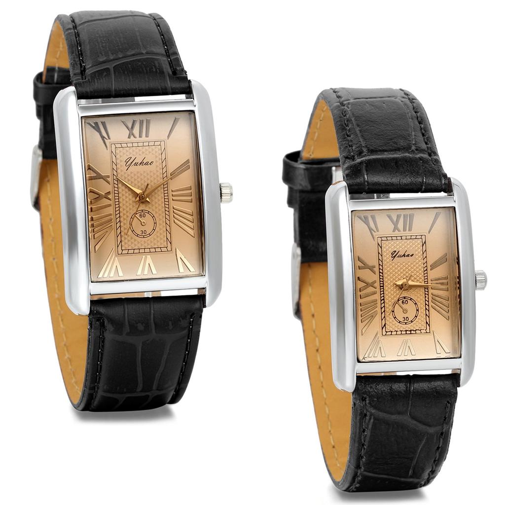 JewelryWe Pair Leather Band Watch Square Analog Display Roman Alphabet Couple Watch Casual Fashion Black Set of 2 (Case)