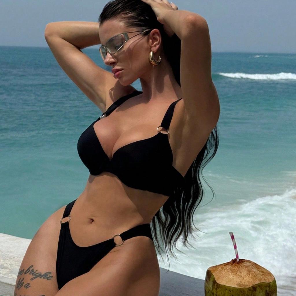 Женский купальник сексуальный черный с жесткой спинкой, широкими бретелями, завязками сзади, высокой талией, бикини, раздельный комплект, пляжная одежда, купальные костюмы